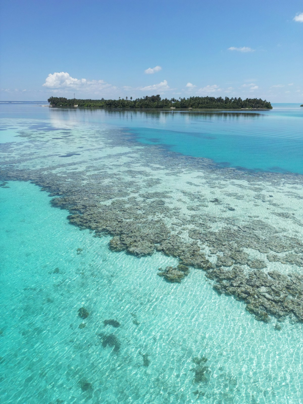Tropical island viewed over clear turquoise water and coral reef
