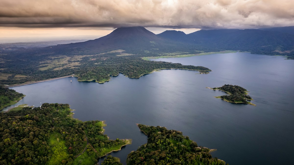 Aerial view of Lake Arenal at sunset in Costa Rica