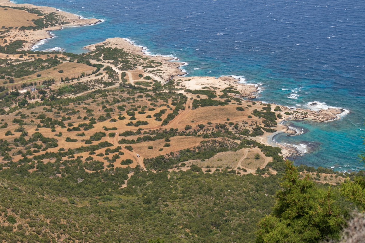 an aerial view of a lush green hillside next to the ocean