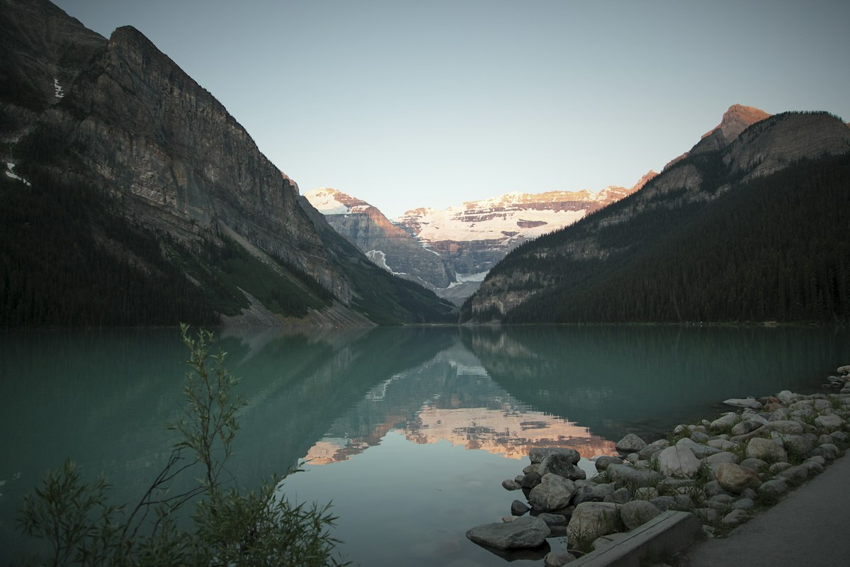 Lake Louise surrounded by mountains in Banff National Park